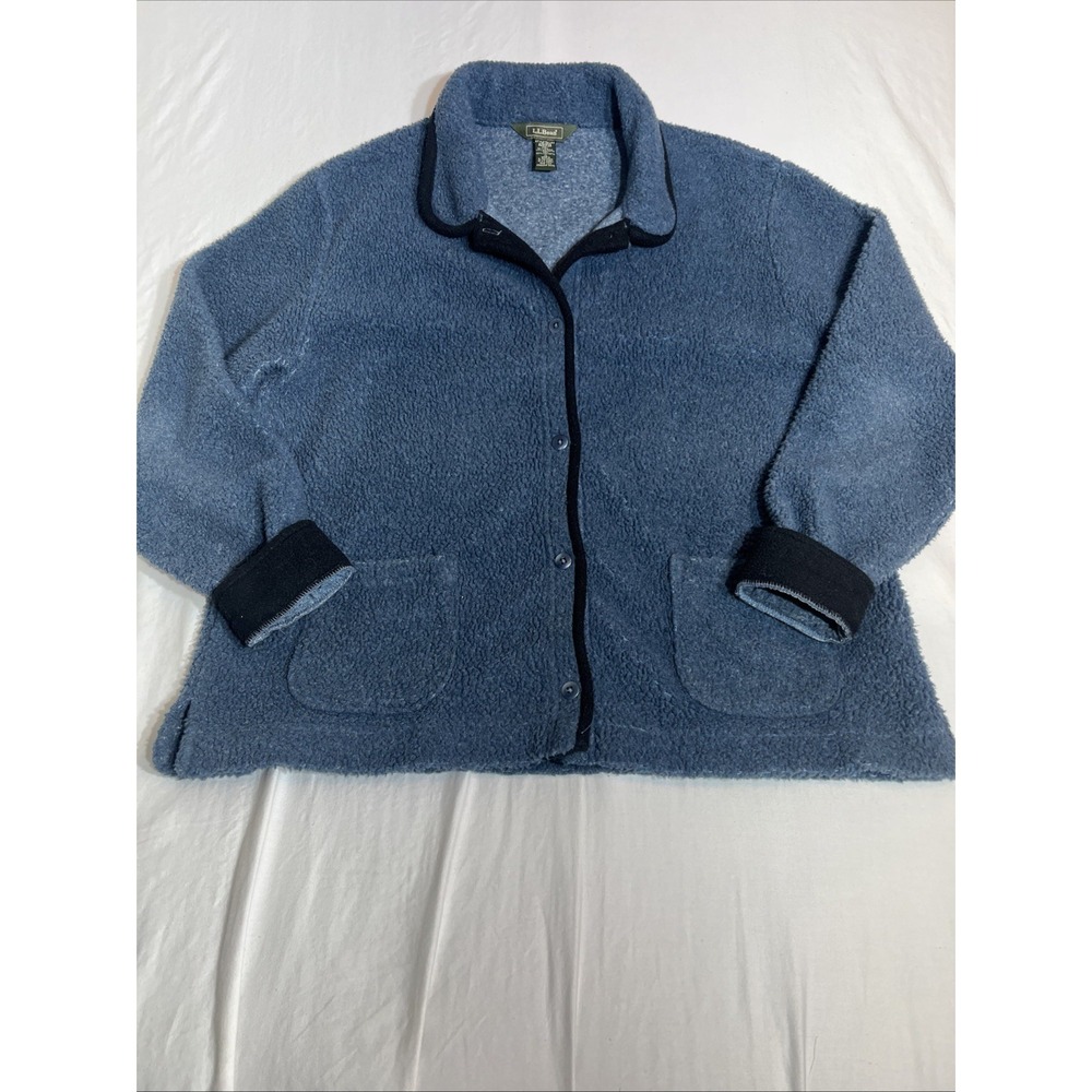 LL Bean Womens XL Blue Sherpa Fleece Button Front Jacket Cardigan OUJ40